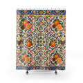 Christmas Citrus Shower Curtain, Cobalt Orange Mediterranean Holiday Pattern, Saffron Evergreen Winter Bathroom Decor, Festive Guest Bath