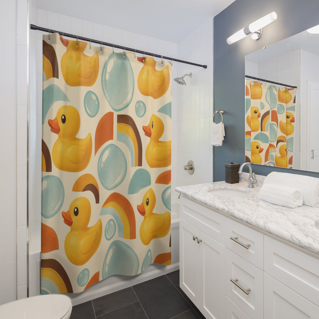 Rubber ducks with aqua bubbles and retro orange arches shower curtain beside a white vanity