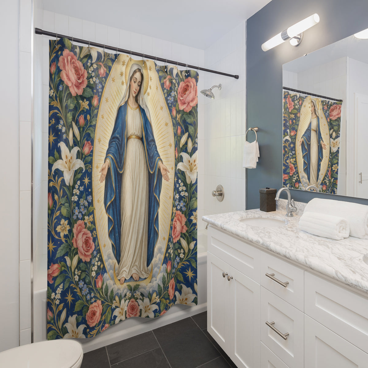 Virgin Mary with pink roses and white lilies shower curtain beside a white vanity
