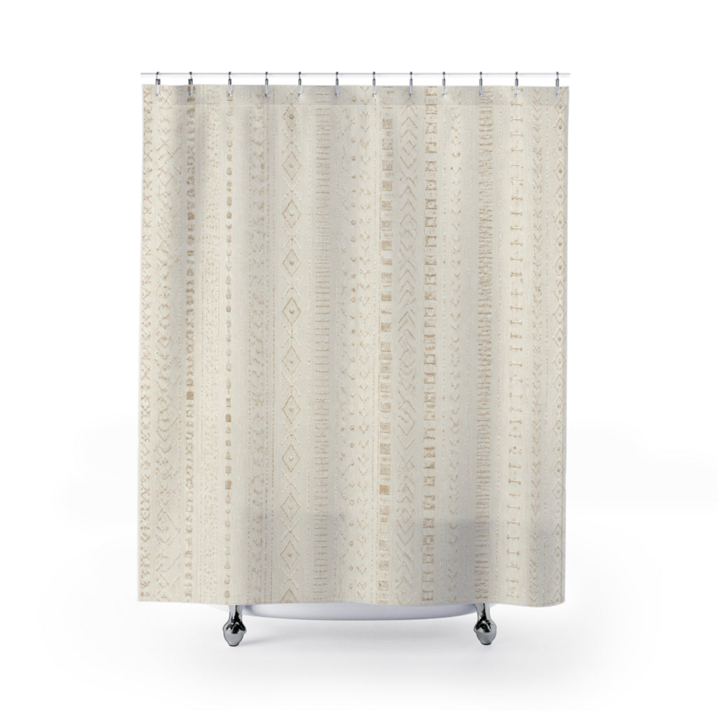White Boho Shower Curtain, Beaded Stripe Bath Decor, Ivory Vertical Pattern, Minimal Guest Bathroom Decor, Soft Neutral Style Decor