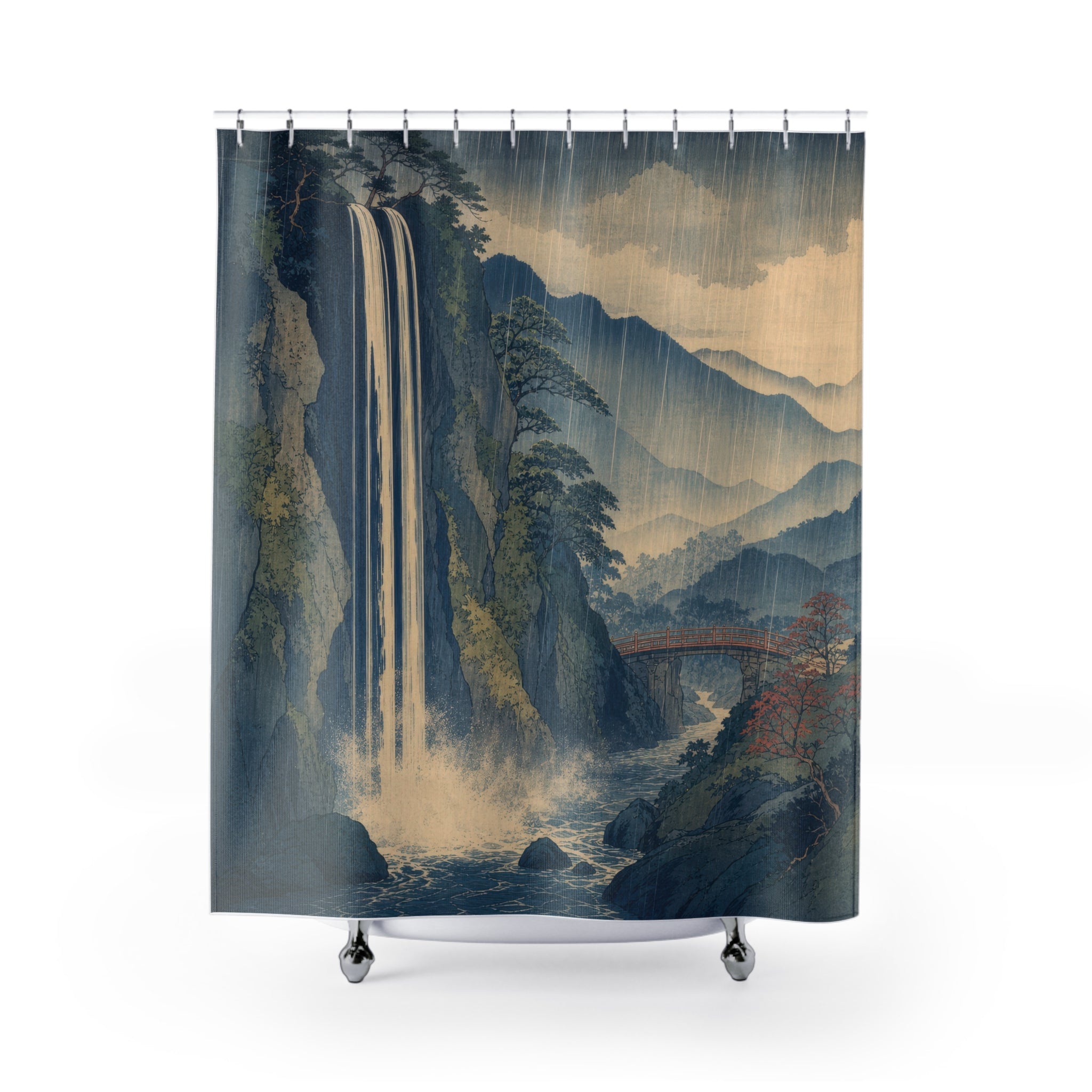 Blue Rain Waterfall Landscape Shower Curtain