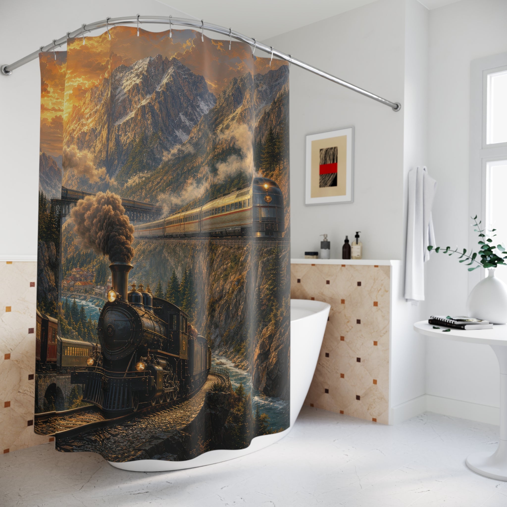 Train Shower Curtain: Vintage Railroad Mountain