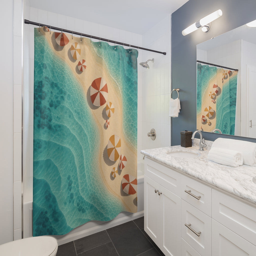Terracotta and saffron parasols on sand in turquoise water shower curtain beside a white vanity