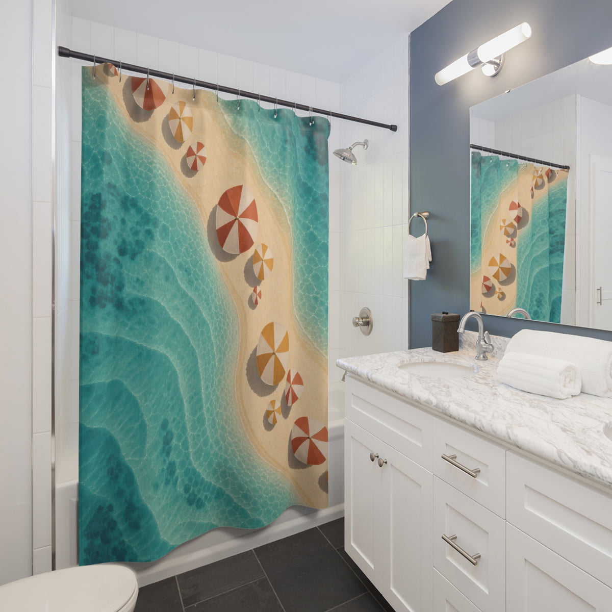 Terracotta and saffron parasols on sand in turquoise water shower curtain beside a white vanity