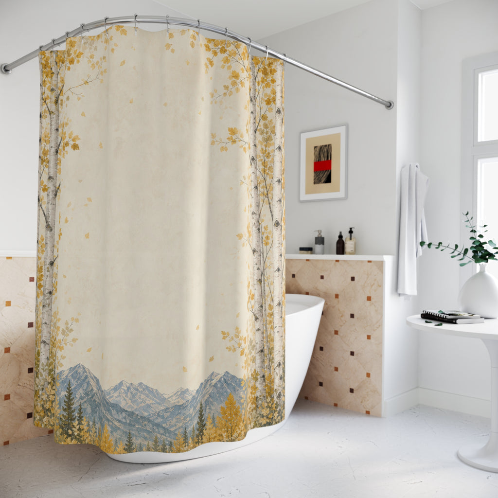 Aspen Border Shower Curtain, Golden Leaf Mountain Bath Decor, Cream Forest Frame Pattern, Airy Nature Inspired Guest Bathroom Decor