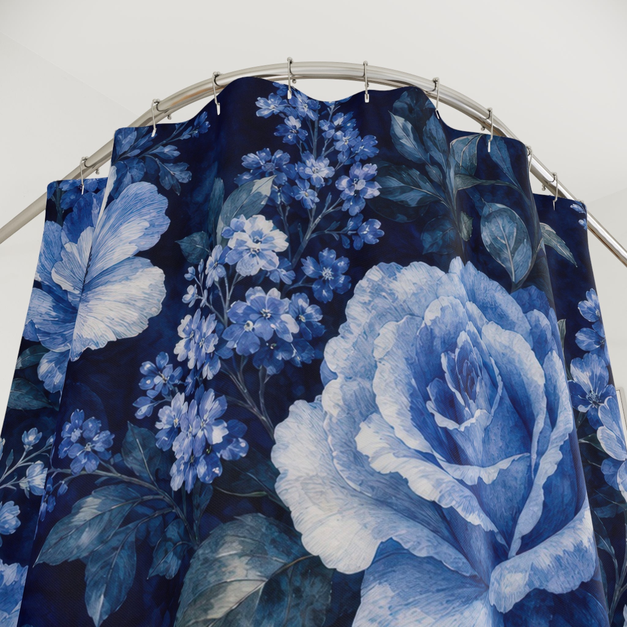 Navy Floral Shower Curtain, Navy Blue Botanical Bathroom Decor, Dark Floral Bath Curtain, Guest Bath Decor, Small Bathroom Decor, Home Decor