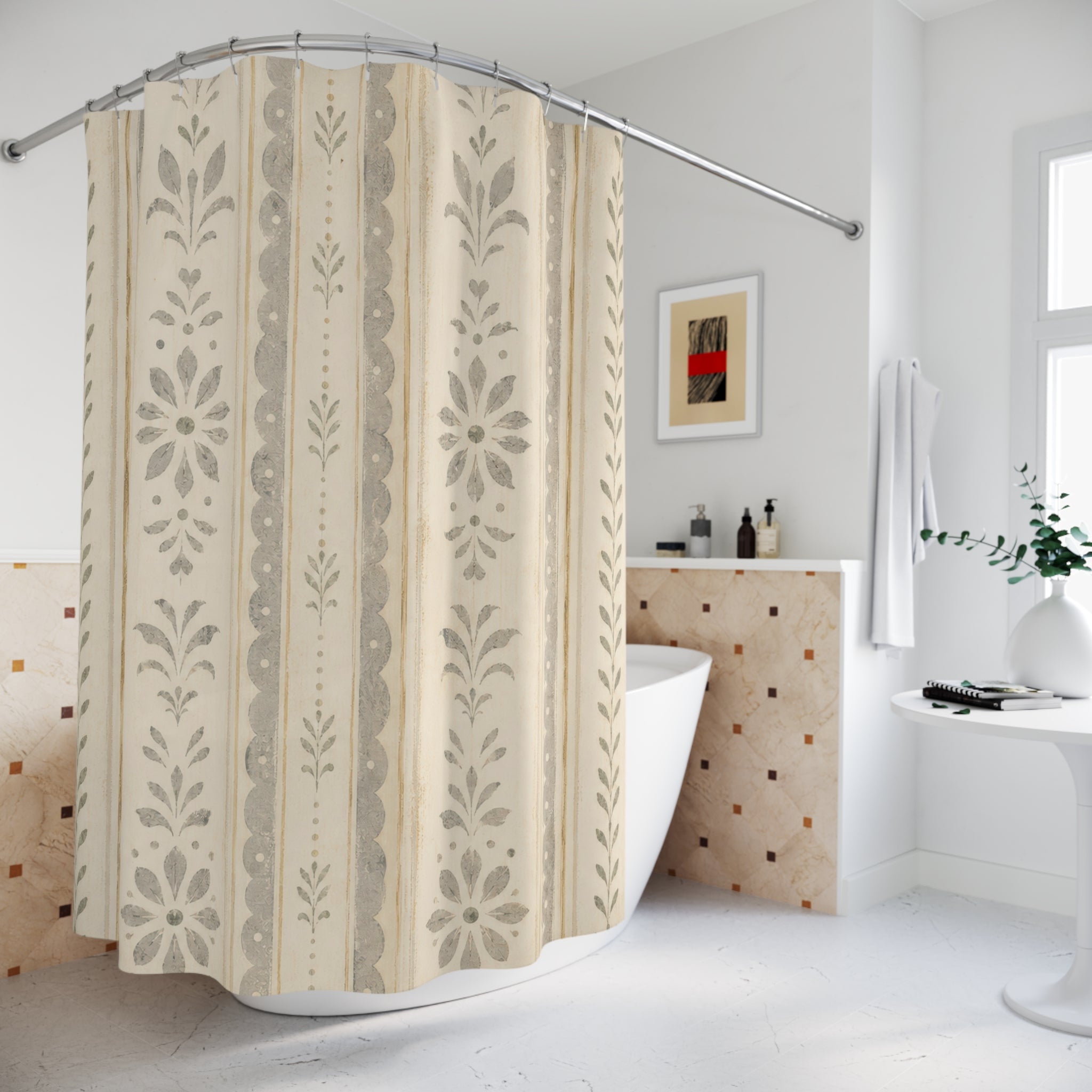 Beige Botanical Stripe Farmhouse Shower Curtain