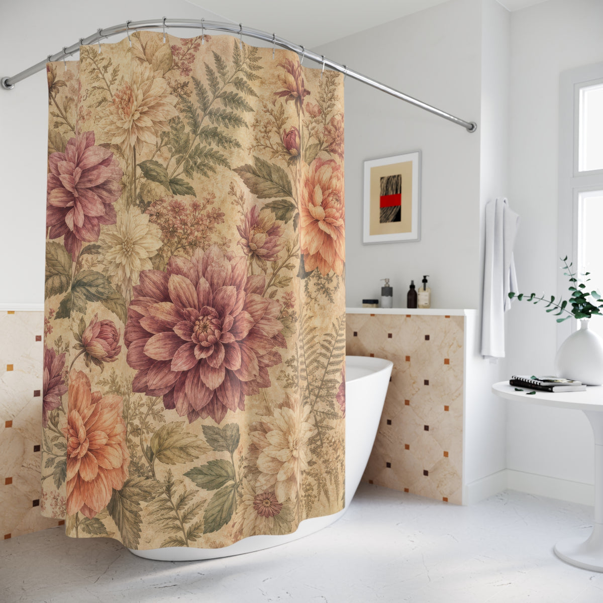 Vintage Dahlia Chrysanthemum pink floral shower curtain beside a freestanding tub