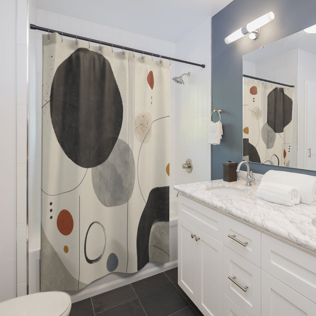 Abstract Shower Curtain, Black Circle Pattern, Modern Geometric Bathroom Decor, Cream Gray Orange Minimal Art Bath Style, Neutral Accent