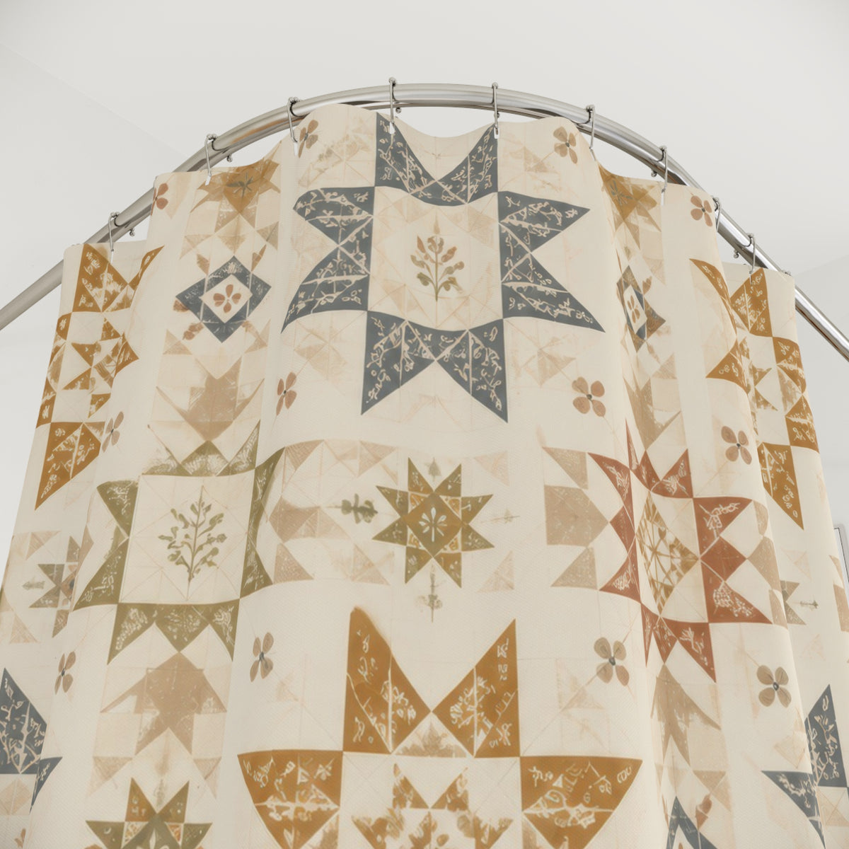 Patchwork Star Quilt Country Farmhouse Blue Folk shower curtain with close-up print, hooks, and folds