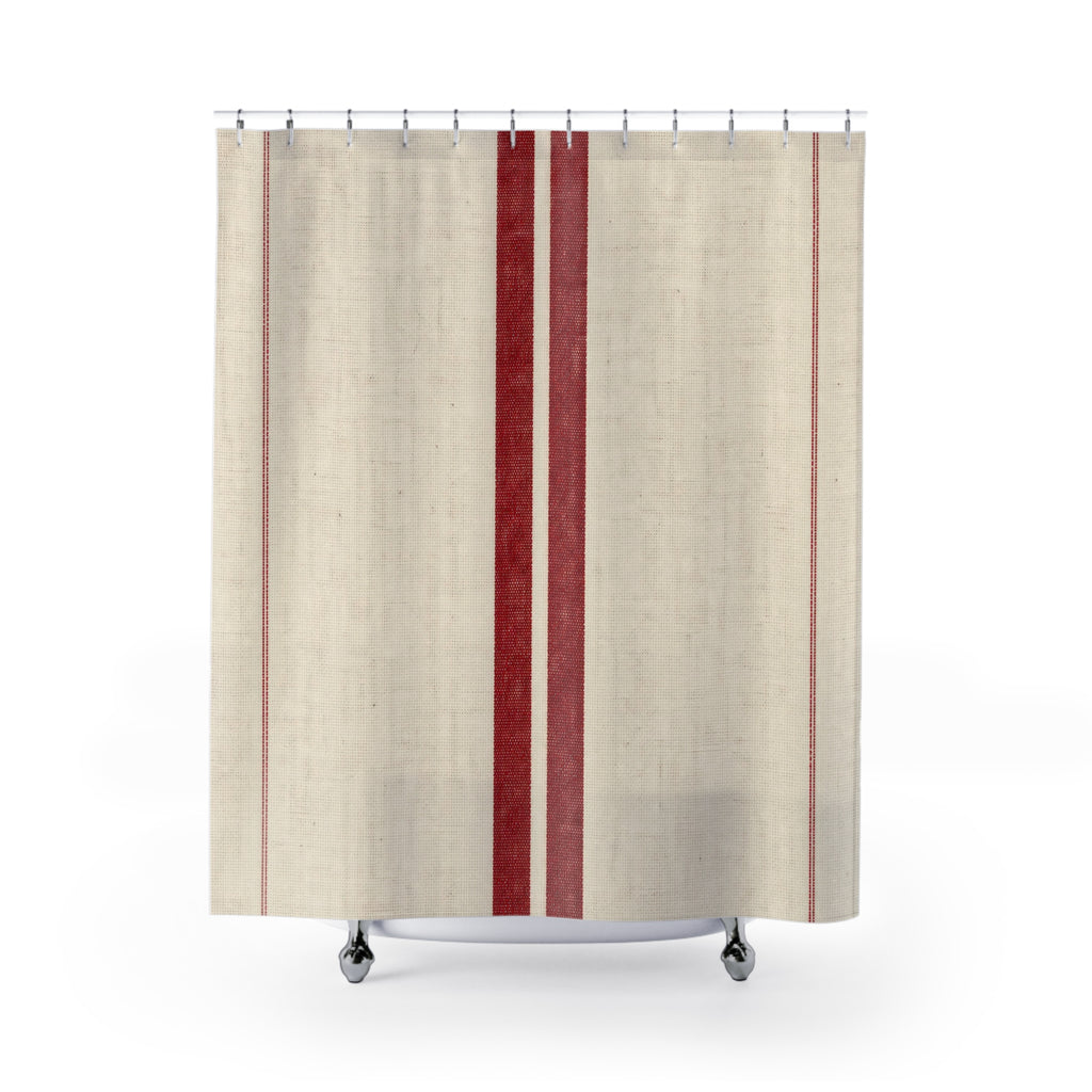 French Red Stripe Shower Curtain, Red Ivory Farmhouse Bathroom Decor, Modern Stripe Bath Curtain, Guest Bath Decor, Small Bathroom Decor