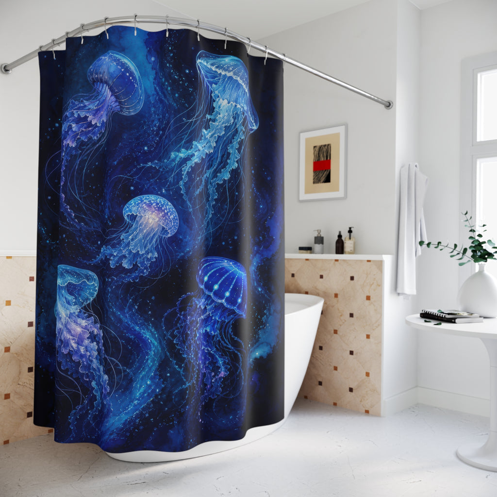 Glowing Jellyfish Dark Blue Shower Curtain