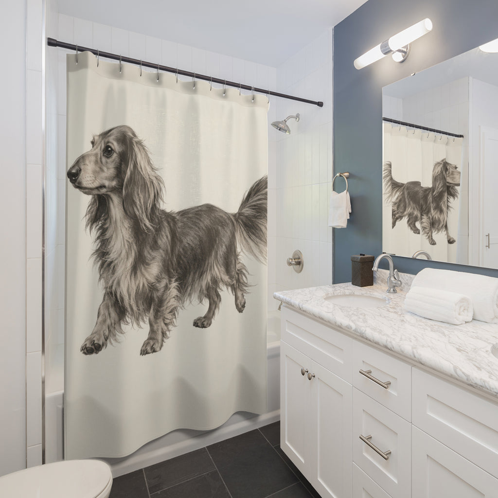 Charcoal long haired dachshund study shower curtain beside a white vanity
