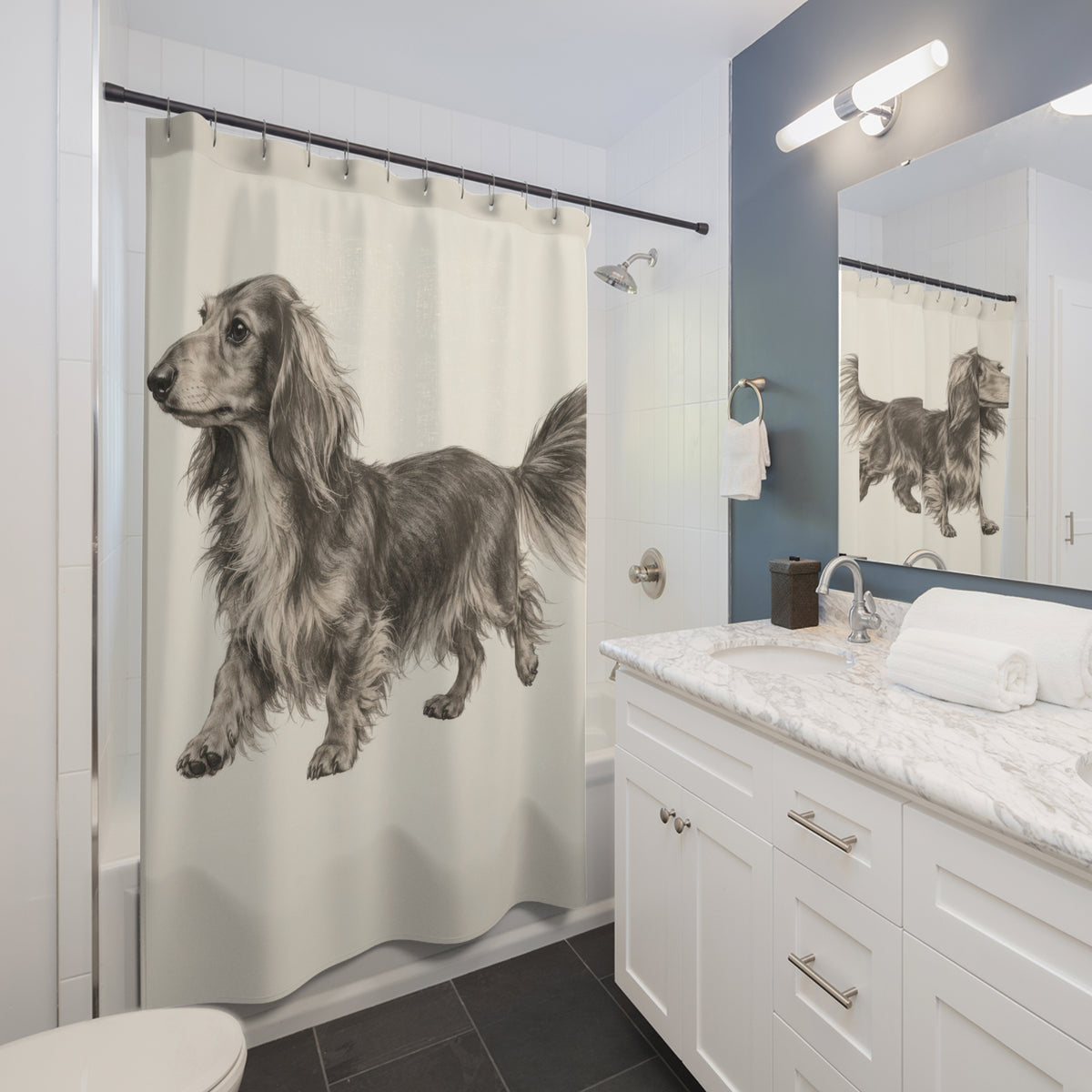 Charcoal long haired dachshund study shower curtain beside a white vanity