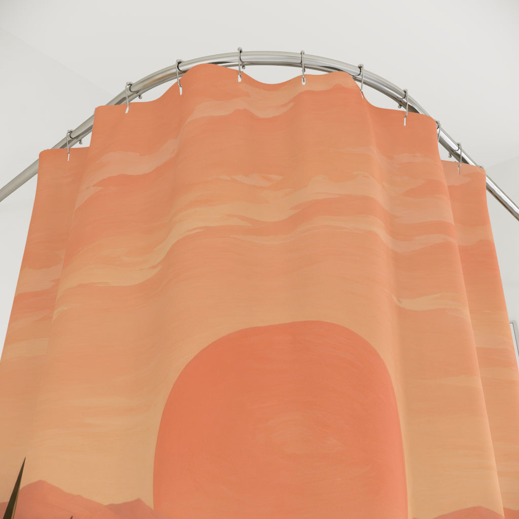 Peachy desert sunset with olive agaves shower curtain with close-up print, hooks, and folds