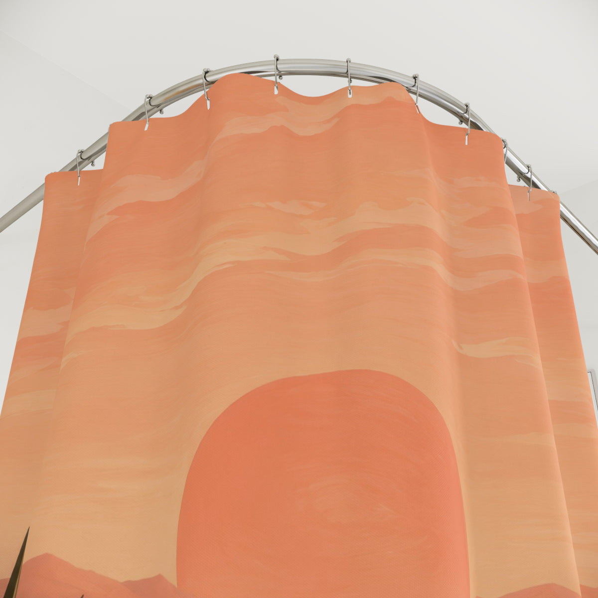 Peachy desert sunset with olive agaves shower curtain with close-up print, hooks, and folds