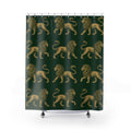 Ochre heraldic lions on forest green shower curtain with full front view