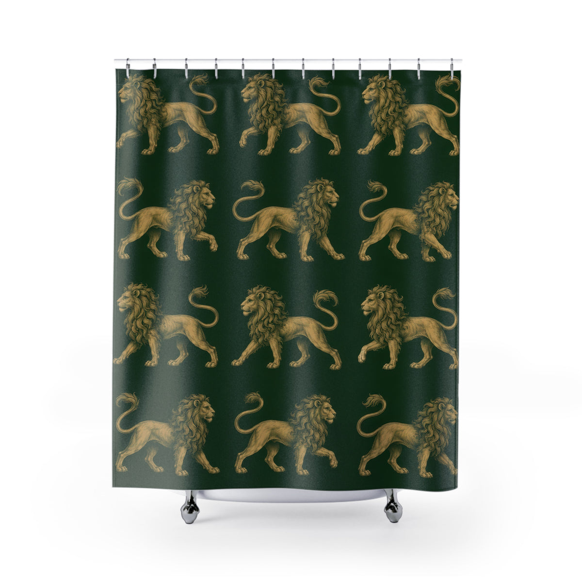 Ochre heraldic lions on forest green shower curtain with full front view
