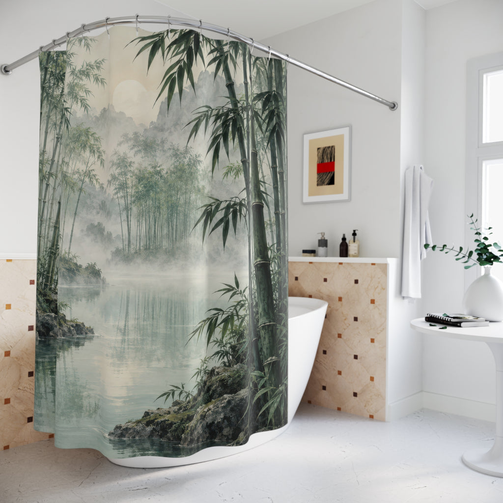 Green bamboo beside still water and pale mist shower curtain beside a freestanding tub