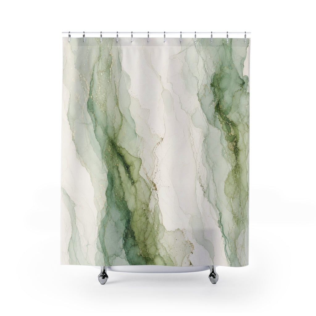 Watercolor Marble Green White Shower Curtain