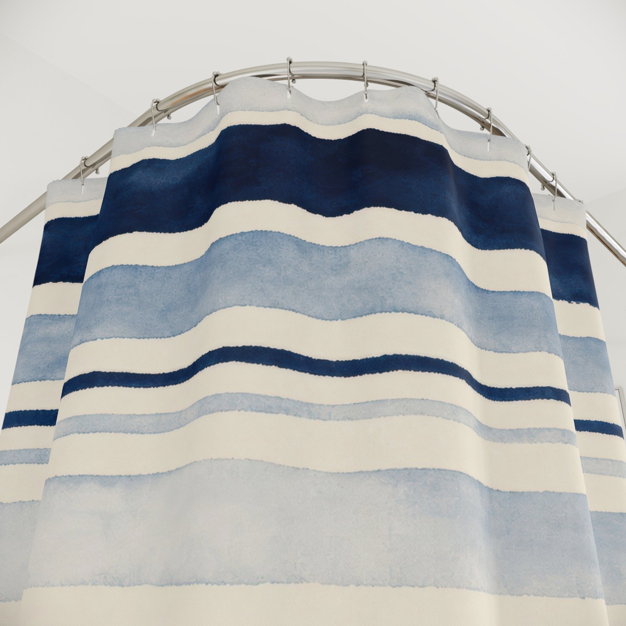 Navy Blue Cream Watercolor Horizontal Stripe Shower Curtain