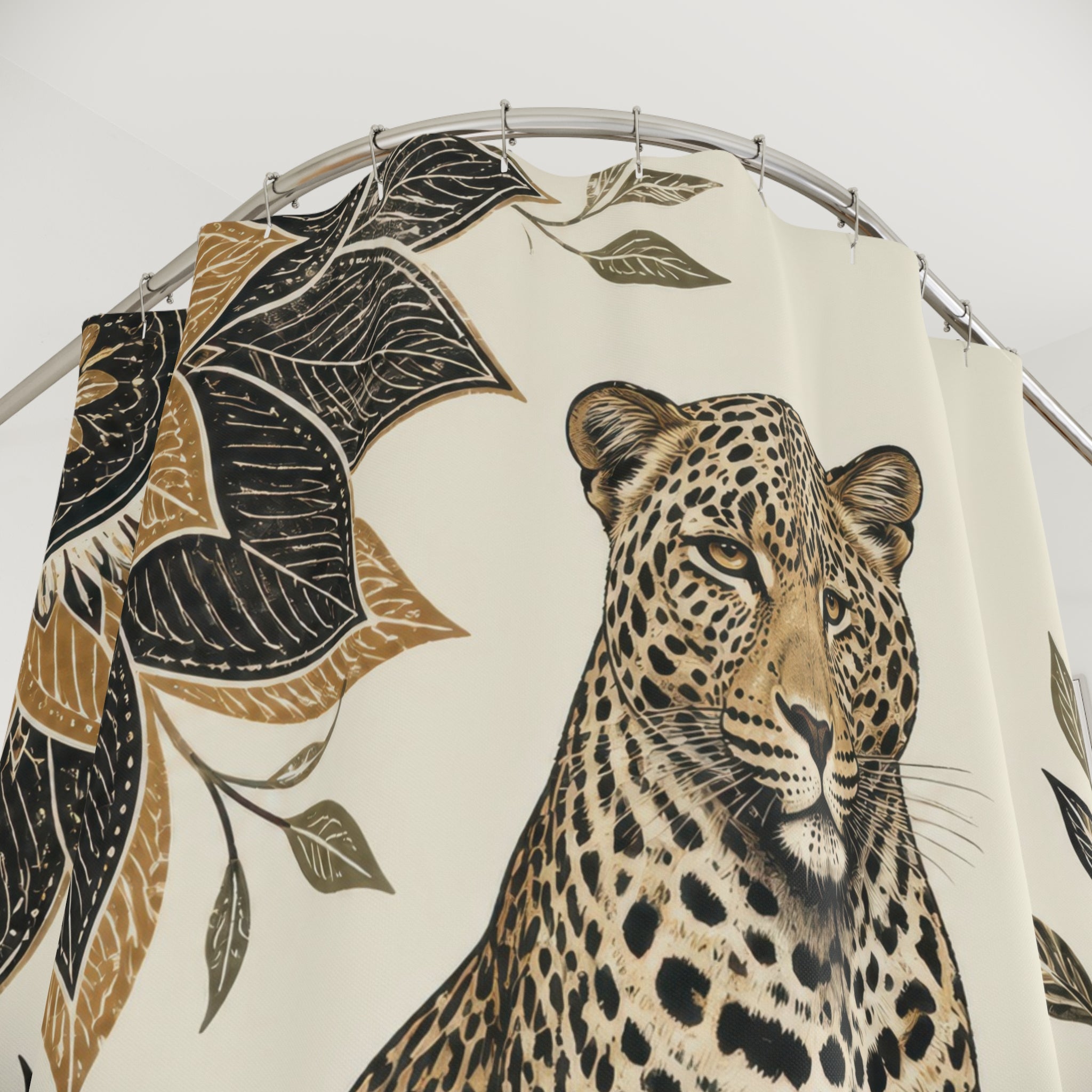 Folk botanical seated leopard portrait shower curtain with close-up print, hooks, and folds
