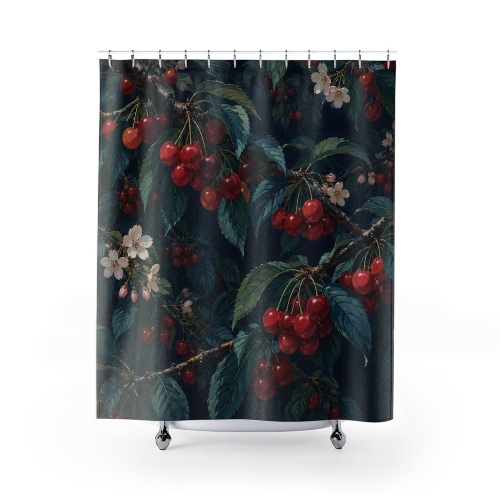 Red cherry branches with ivory blossoms on navy shower curtain with full front view