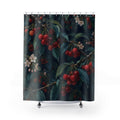Red cherry branches with ivory blossoms on navy shower curtain with full front view