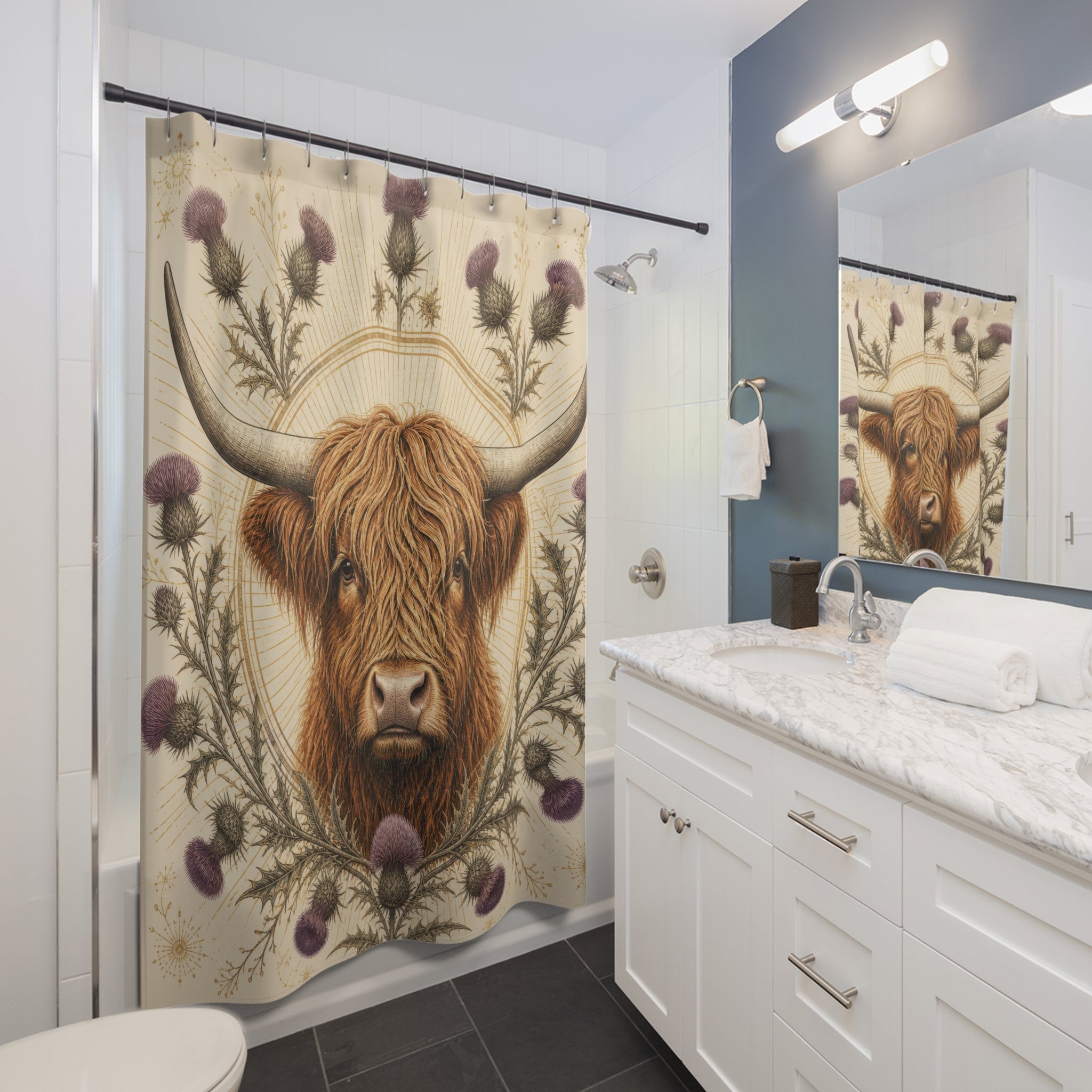 Golden Thistle Highland Cow Shower Curtain