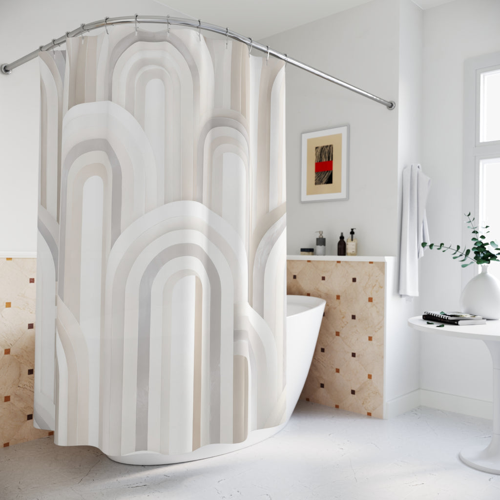 Layered white and ivory nested arches with pearl-gray edges shower curtain beside a freestanding tub