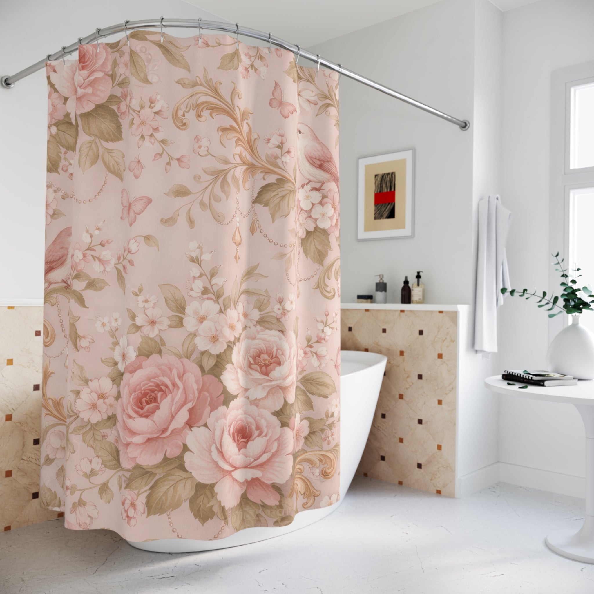 Rose and Butterfly Shower Curtain – Blush Pink