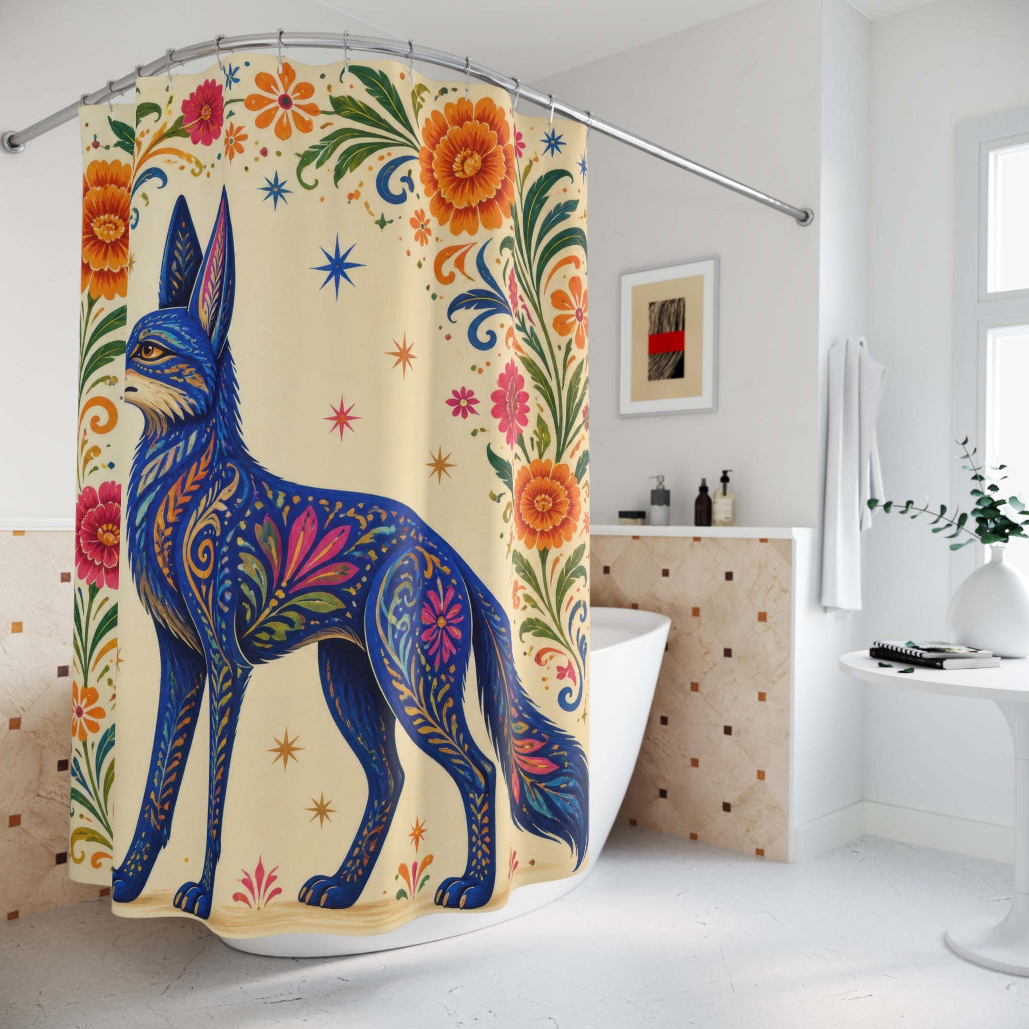 Cobalt alebrije coyote beneath a floral arch shower curtain beside a freestanding tub