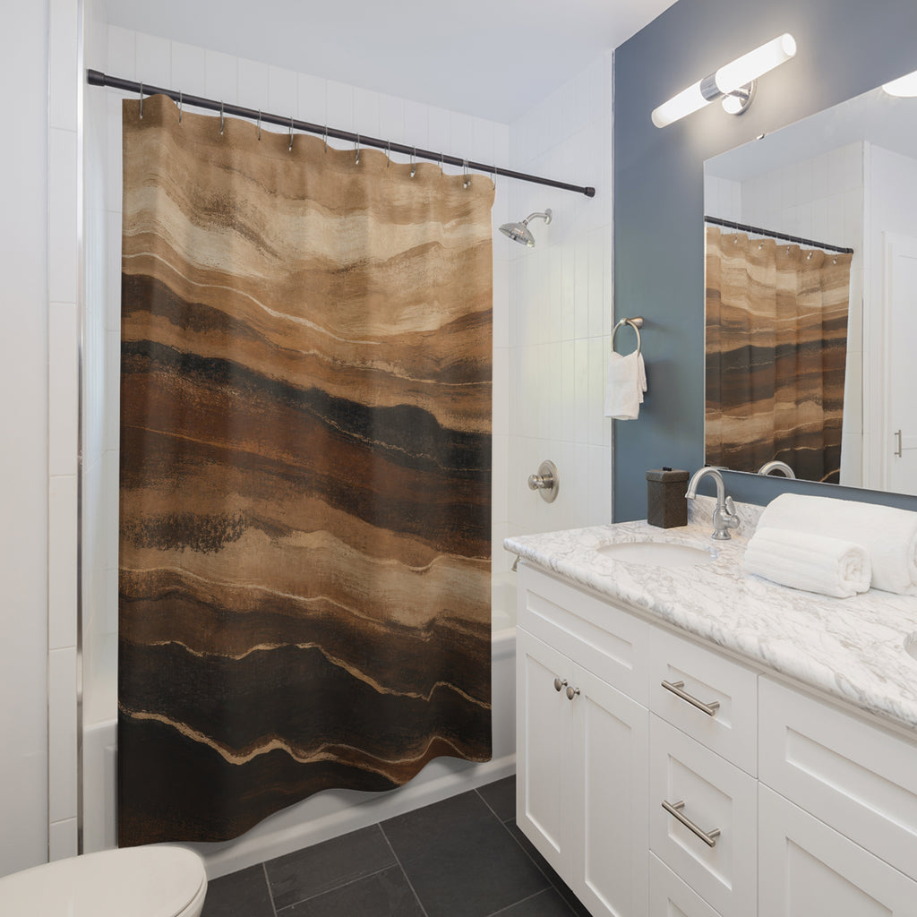 Landscape Shower Curtain, Brown Beige Abstract Bath Decor, Earth Tone Horizon Pattern, Earth Tone Warm Neutral Guest Bathroom Decor Style