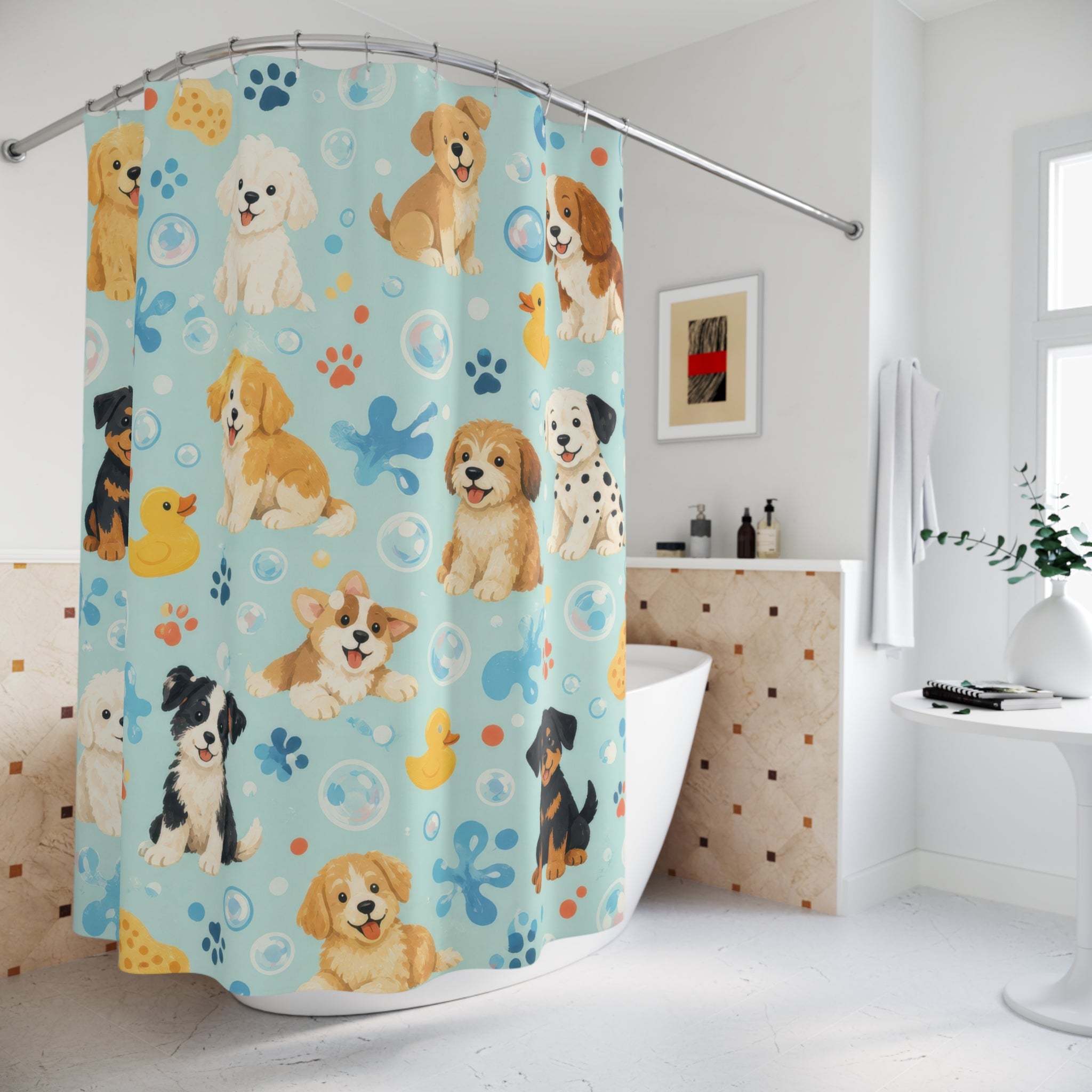 Kids Dog Shower Curtain, Cute Puppy Paw Print Pattern, Blue Pet Bathroom Decor, Playful Kids Wall Decor Guest Bath Gift For Dog Lovers