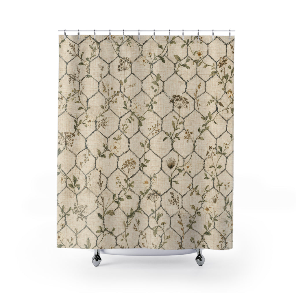 Rustic Farmhouse Shower Curtain, Chicken Wire Bath Decor, Beige Trellis Pattern, Country Guest Bathroom Decor, Weathered Cream Style