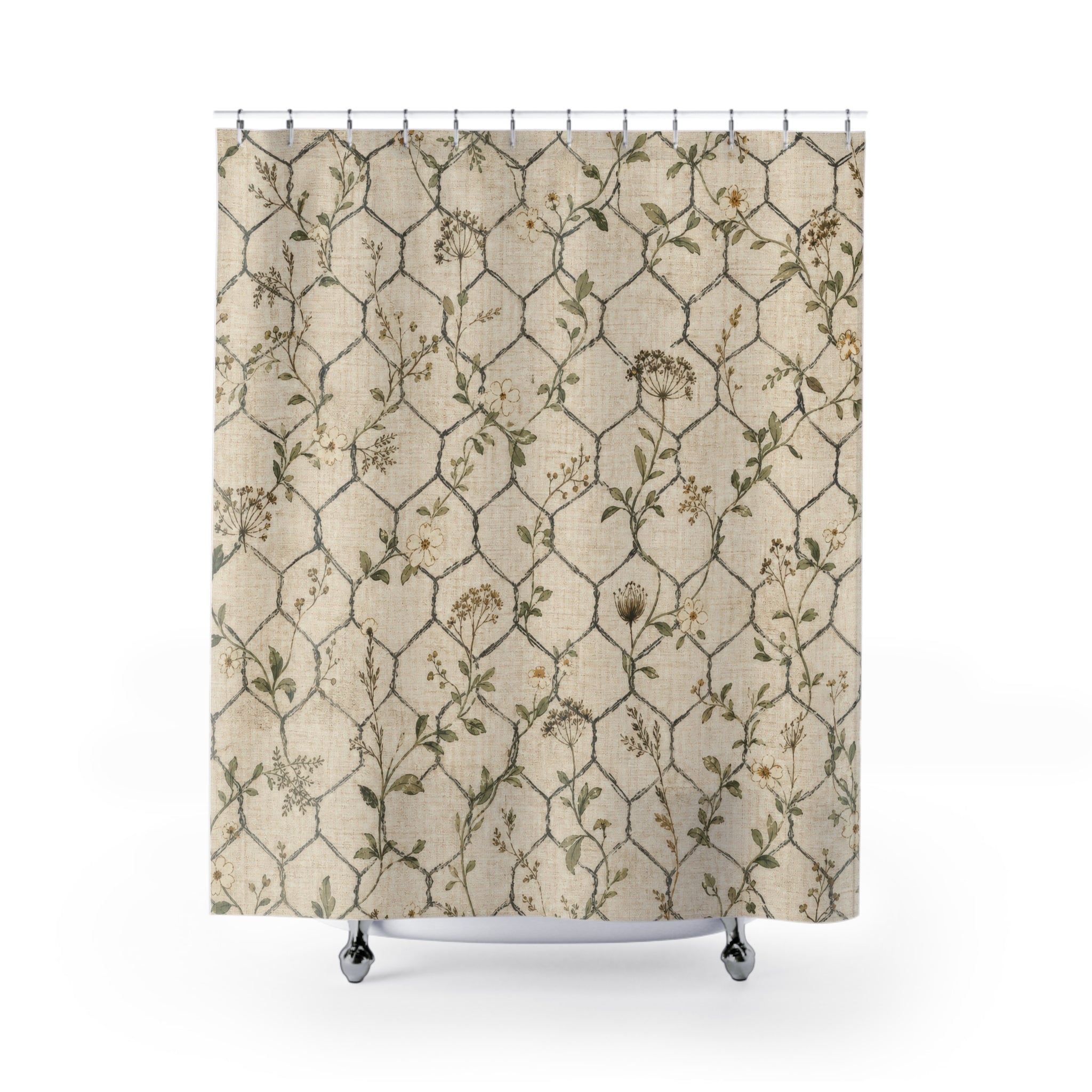 Rustic Farmhouse Shower Curtain, Chicken Wire Bath Decor, Beige Trellis Pattern, Country Guest Bathroom Decor, Weathered Cream Style