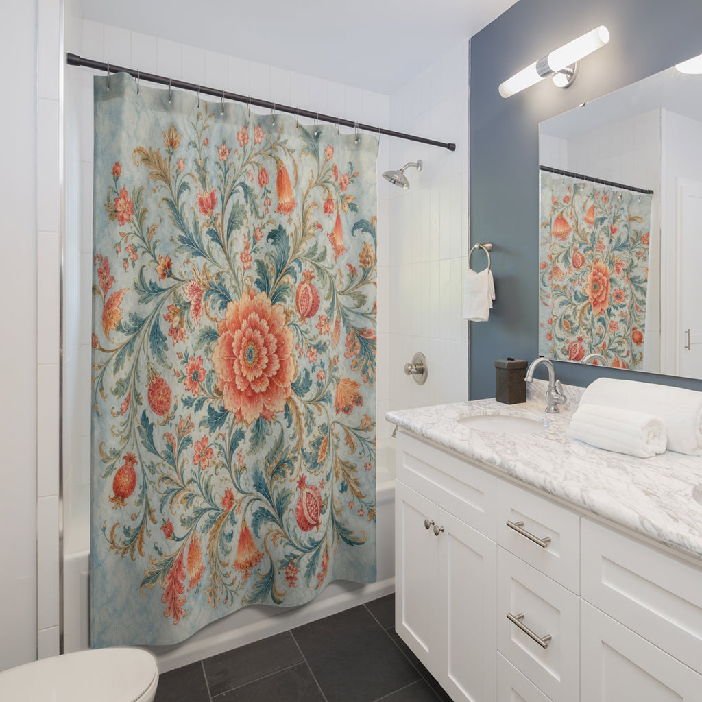 Airy blue pink Jacobean floral medallion shower curtain beside a white vanity