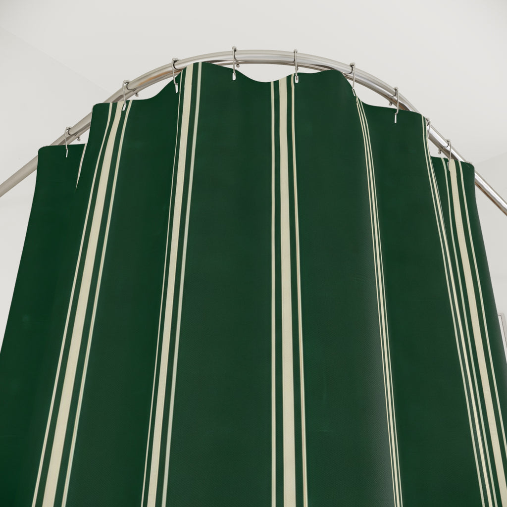 Forest Green Shower Curtain, Ticking Stripe Bath Decor, Dark Farmhouse Pinstripe Pattern, Guest Bathroom Style, Classic Green Stripe Style