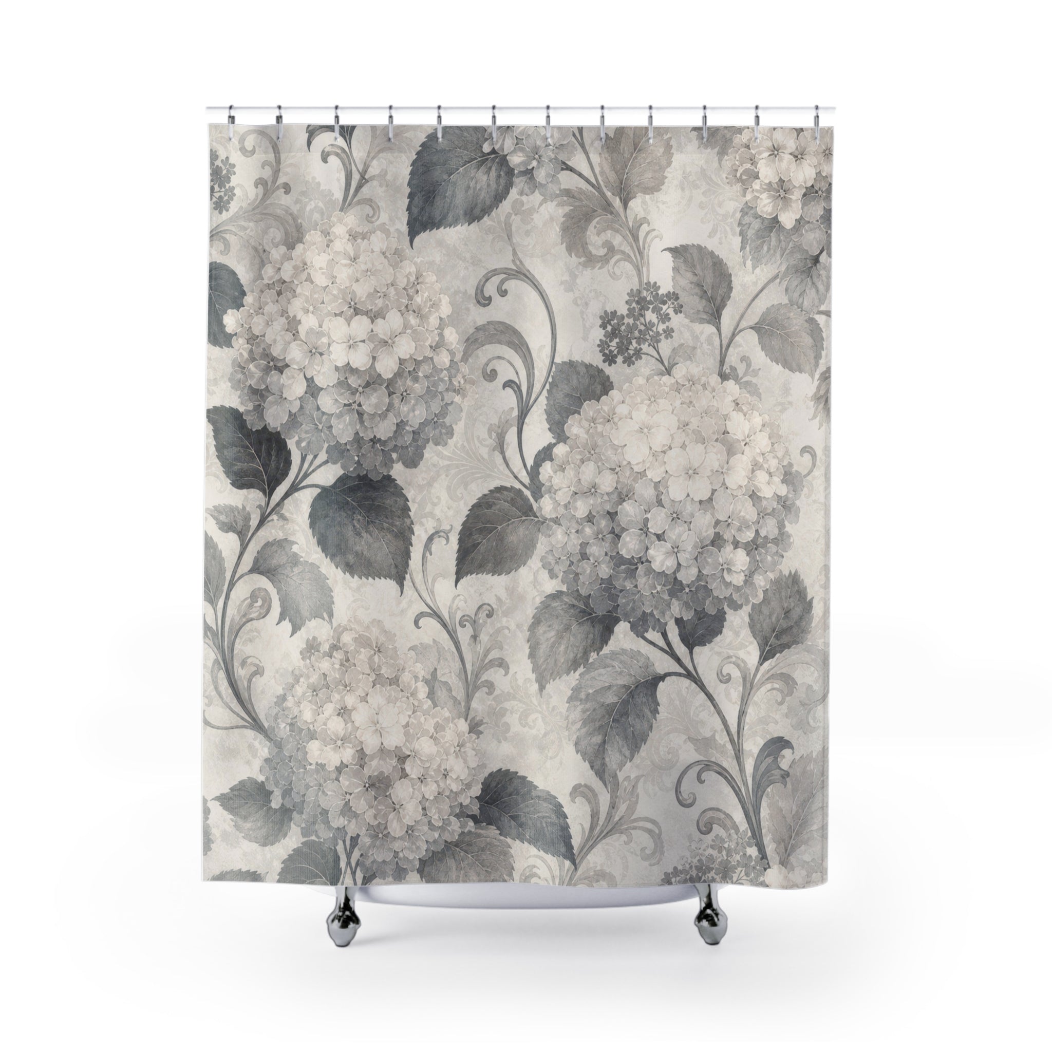 Gray White Hydrangea Botanical Shower Curtain