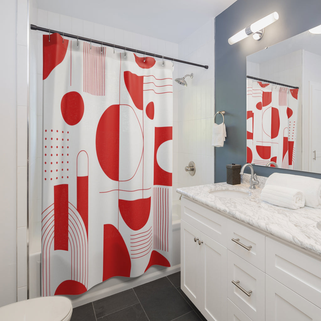 Red Geometric Shower Curtain, Bauhaus Abstract Circle Pattern, Red White Bath Decor, Modern Graphic Guest Bathroom Accent, Retro Style