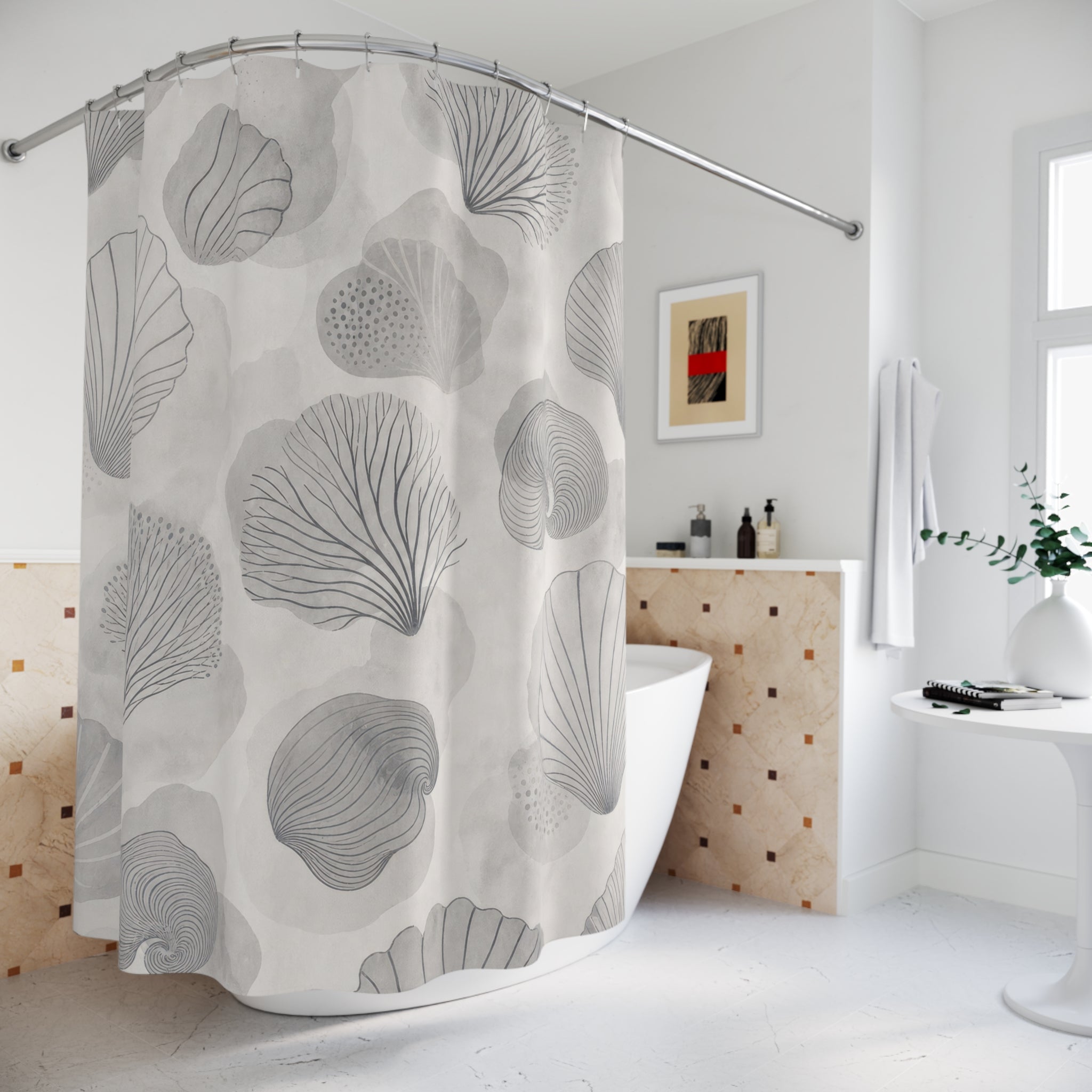 Grey Coastal Seashell Shower Curtain