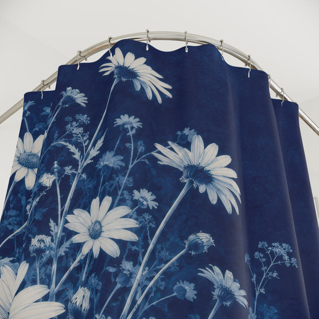 Indigo and ivory daisy meadow shower curtain with close-up print, hooks, and folds