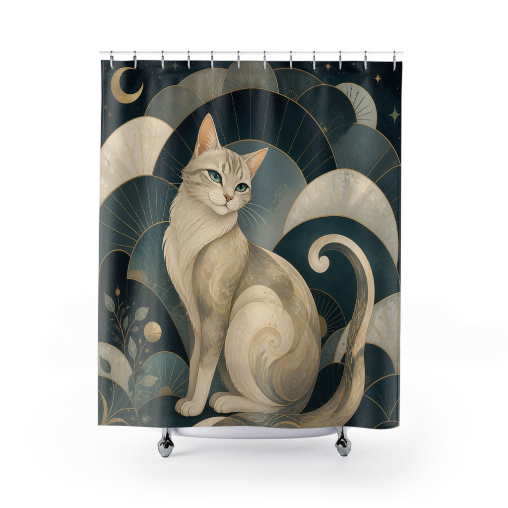 Pearl and teal cat portrait framed by fan arches shower curtain with full front view