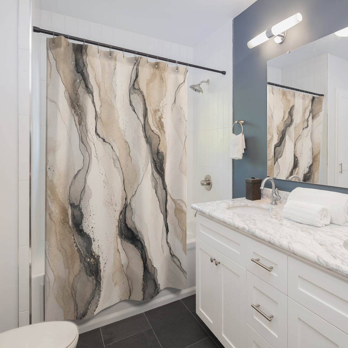 Black Beige Abstract Stone Shower Curtain