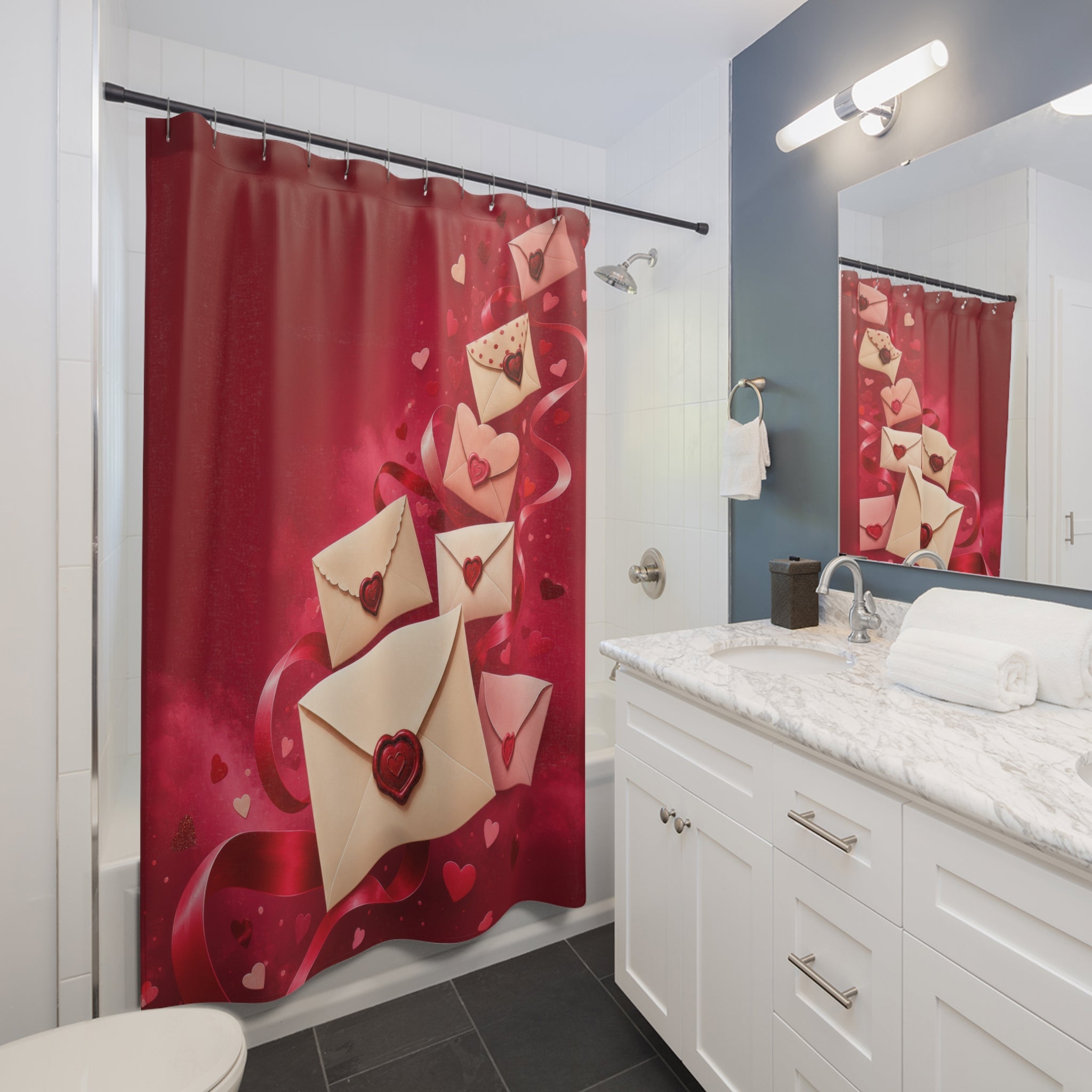 Flying love letters with heart seals and red ribbons shower curtain beside a white vanity