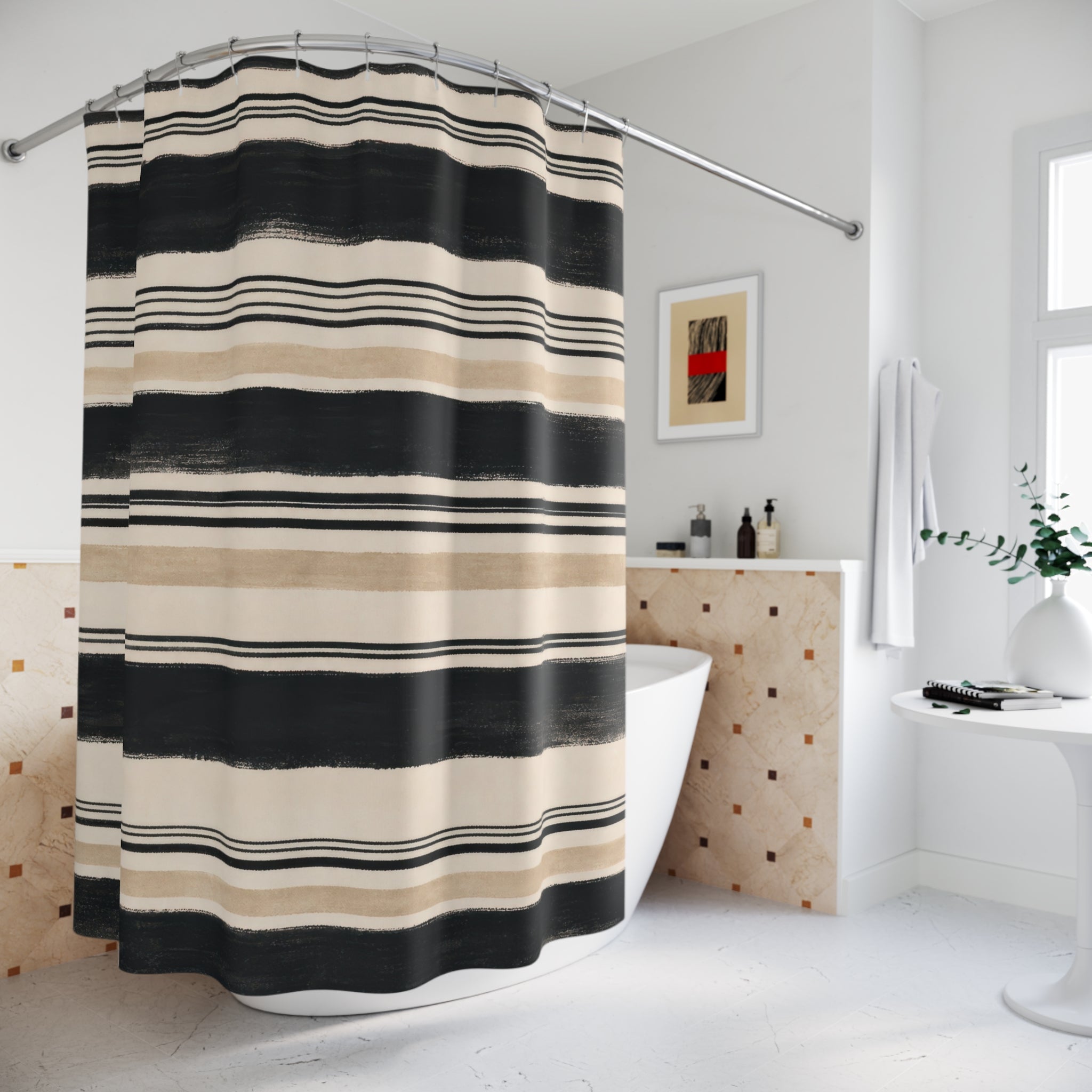 Ivory Beige Horizontal Stripe Shower Curtain
