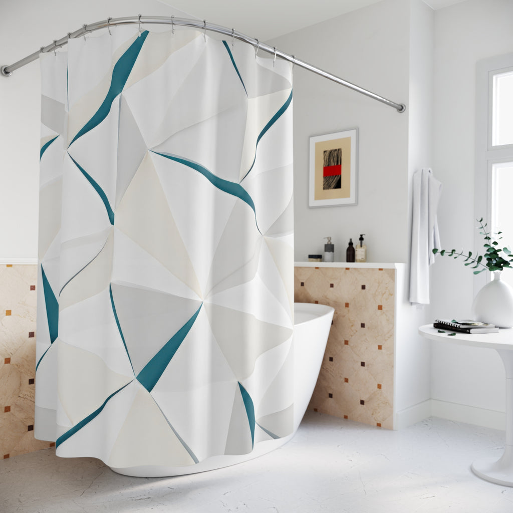 White triangular prism lattice divided by narrow teal seams shower curtain beside a freestanding tub