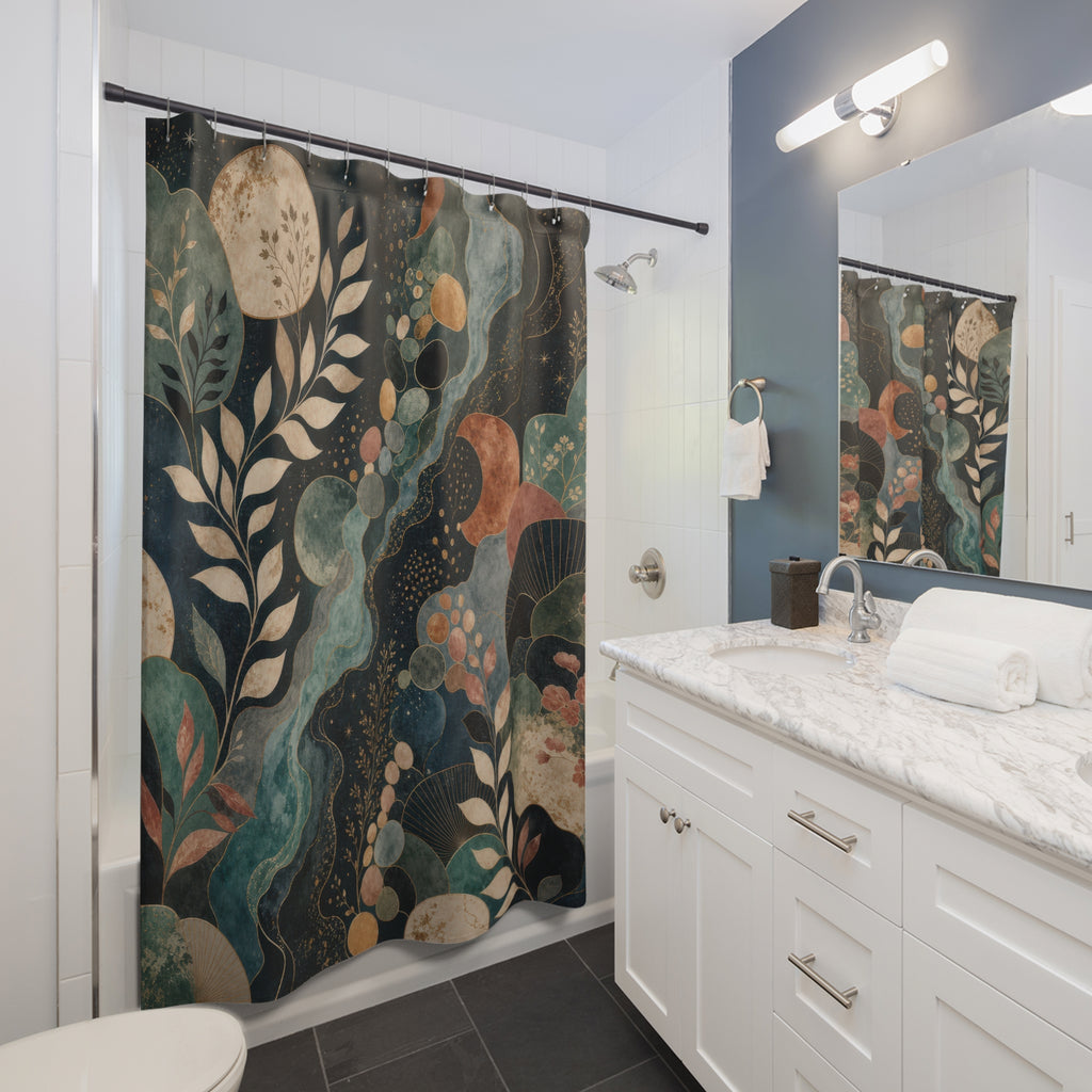 Cosmic Botanical Shower Curtain, Teal Navy Boho Bathroom Decor, Moon Garden Bath Curtain, Moody Guest Bathroom Decor, Navy Bath Decor