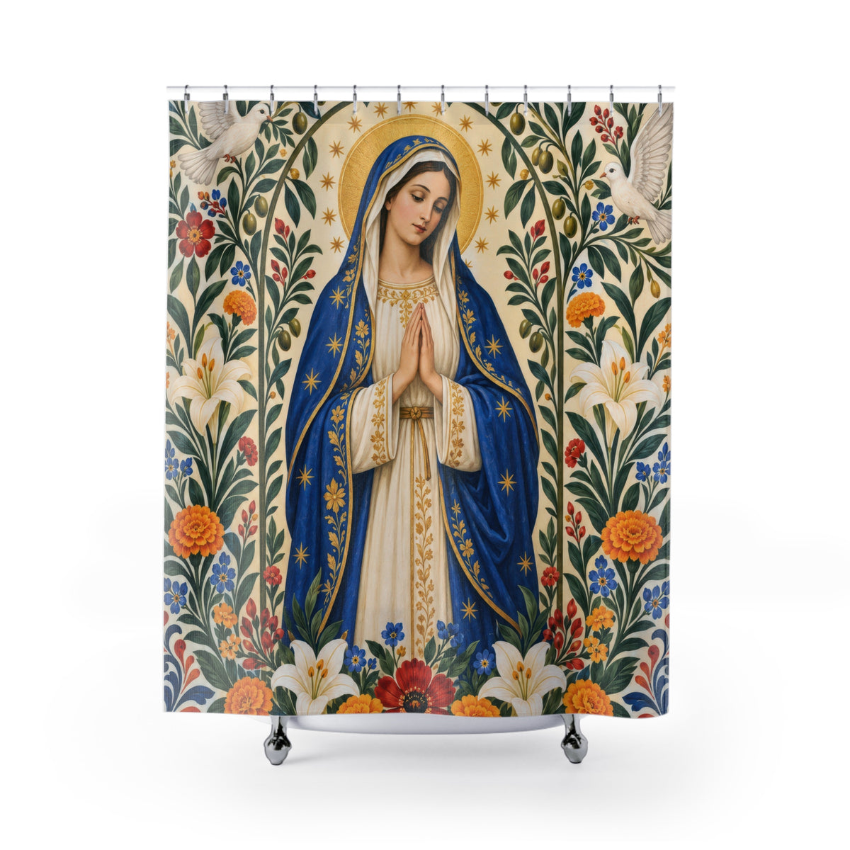 Praying Virgin Mary with folk flowers and white doves shower curtain with full front view