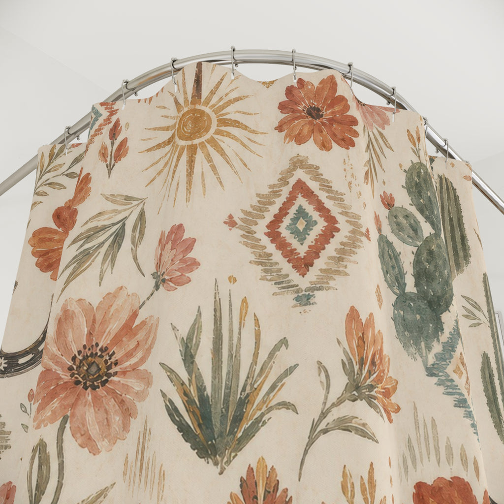 Painterly Western Boho Shower Curtain, Desert Floral Bath Decor, Terracotta Turquoise Sunburst Pattern, Rustic Guest Bathroom Decor